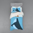 thumbnail image 1 of Whale Duvet Cover Set, Navy Themed Vintage Cartoon Design with Sun Ship and Mottos on It Work of Art, Bedding Set with Shams and Fitted Sheet, 3 Sizes, by Ambesonne, 1 of 3