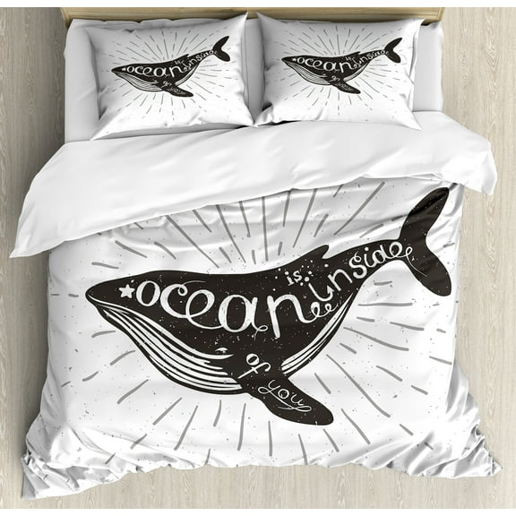 Whale Duvet Cover Set, Ocean Inside of You Inspirational Typography with Big Fish Grunge Illustration, Decorative 3 Piece Bedding Set with 2 Pillow Shams, Calking Size, Charcoal Grey, by Ambesonne
