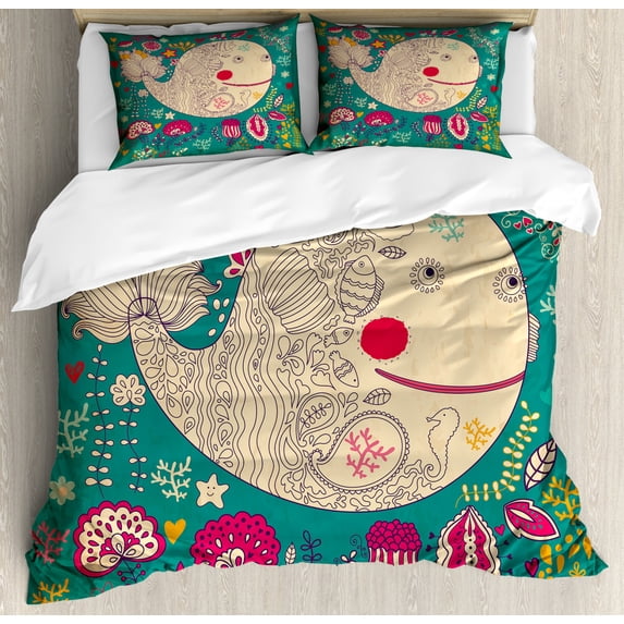Whale Duvet Cover Set Queen Size, Happy Giant Sea Ocean Creature Whale with Flower Blooms Tulips Leaves Design Artwork, Decorative 3 Piece Bedding Set with 2 Pillow Shams, Multicolor, by Ambesonne