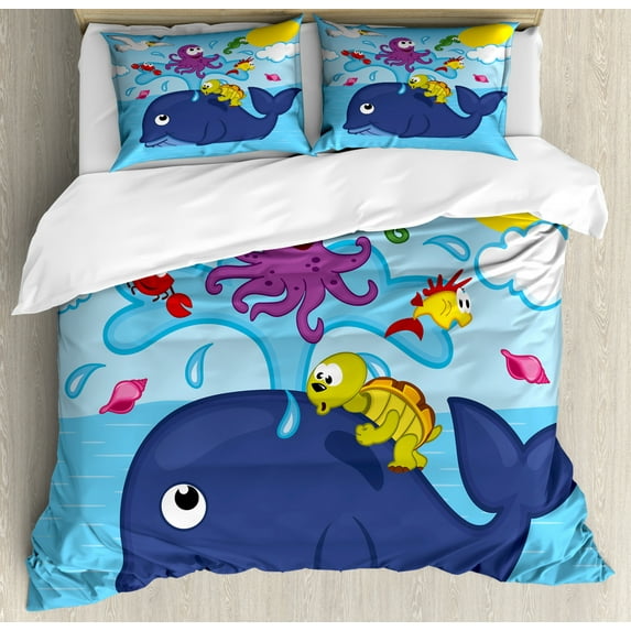 Whale Duvet Cover Set Queen Size, Marine Gang Octopus Crab Turtle Seahorse Pacific Sun Underwater Ocean Playroom Design, Decorative 3 Piece Bedding Set with 2 Pillow Shams, Multicolor, by Ambesonne