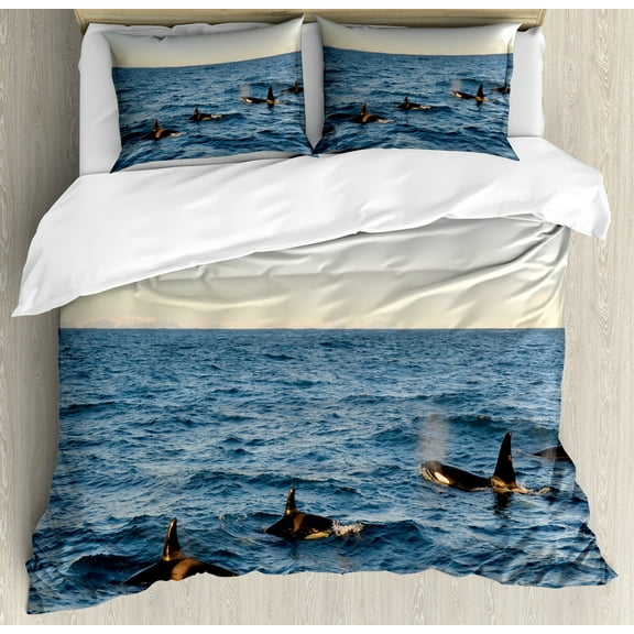 Whale Duvet Cover Set, Real Photo Image of 4 Killer Whales Coming out of the SeArt Print, Decorative 3 Piece Bedding Set with 2 Pillow Shams, King Size, Blue and Black, by Ambesonne
