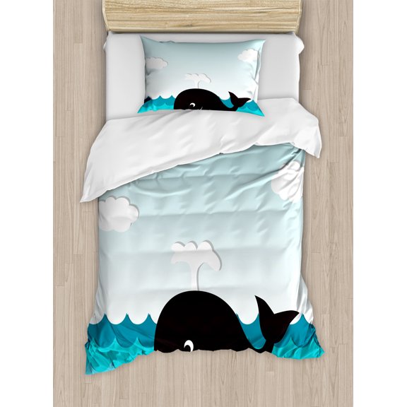Whale Duvet Cover Set, Smiling Happy Black Whale Swimming in the Wavy Sunny Ocean Cartoon Art, Decorative 2 Piece Bedding Set with 1 Pillow Shams, Twin Size, Black and Blue, by Ambesonne