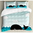 thumbnail image 1 of Whale Duvet Cover Set, Smiling Happy Black Whale Swimming in the Wavy Sunny Ocean Cartoon Art, Decorative 3 Piece Bedding Set with 2 Pillow Shams, Queen Size, Black and Blue, by Ambesonne, 1 of 3