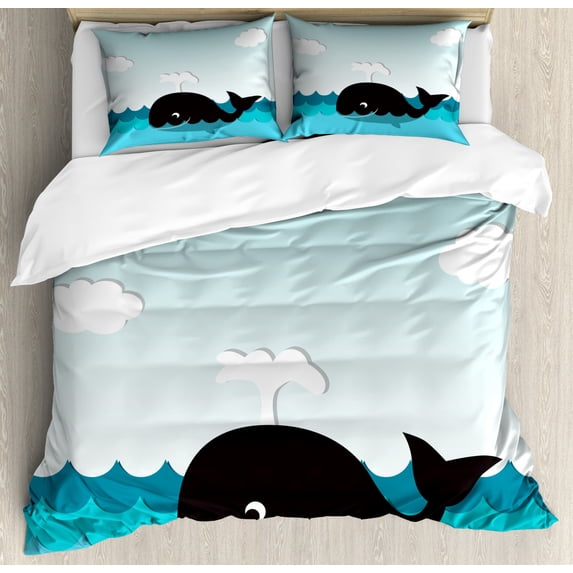 Whale Duvet Cover Set, Smiling Happy Black Whale Swimming in the Wavy Sunny Ocean Cartoon Art, Decorative 3 Piece Bedding Set with 2 Pillow Shams, Queen Size, Black and Blue, by Ambesonne
