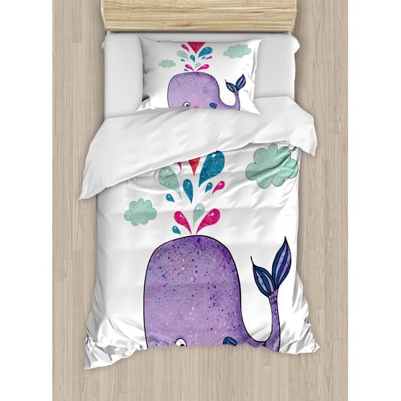 Whale Duvet Cover Set, Smiling Mammal Motif Hearts and Clouds on Sea Print Design, Decorative 2 Piece Bedding Set with 1 Pillow Shams, Twin Size, Purple Blue and Red, by Ambesonne