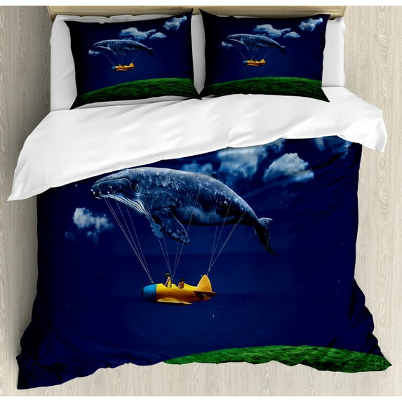 Whale Duvet Cover Set, Surreal Art Hot Air Balloon Aeroplane in Sky Clouds Animal Fish Nautical, Decorative 3 Piece Bedding Set with 2 Pillow Shams, King Size, Navy Blue Fern Green, by Ambesonne