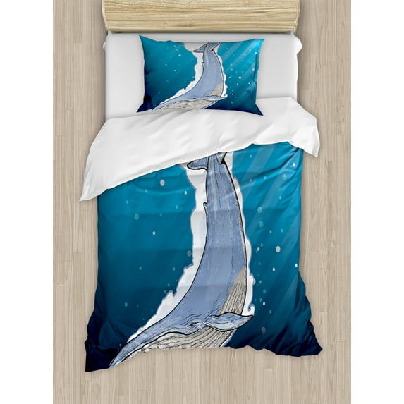 Whale Duvet Cover Set Twin Size, Cartoon Whale Swimming Under Ocean with Fish Shells Near Palm Island Environment, Decorative 2 Piece Bedding Set with 1 Pillow Sham, Multi Colored, by Ambesonne