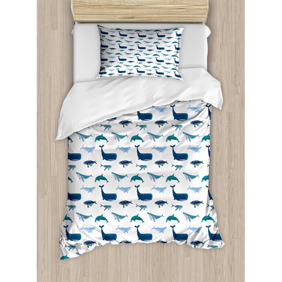Whale Duvet Cover Set Twin Size, Different Types of Swimming Marine Characters in Hand Drawn Style Nautical, Decorative 2 Piece Bedding Set with 1 Pillow Sham, Teal Dark Blue White, by Ambesonne
