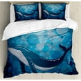thumbnail image 1 of Whale Duvet Cover Set, Vintage Whale Poster Motif on Marine Grunge Backdrop Retro Ocean Graphic, Decorative 3 Piece Bedding Set with 2 Pillow Shams, Queen Size, Petrol and Violet Blue, by Ambesonne, 1 of 3