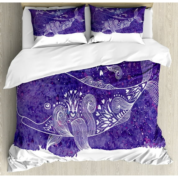 Whale Duvet Cover Set, Watercolor Whale with Floral Flower Hearts Details Marine Celebration Art Print, Decorative 3 Piece Bedding Set with 2 Pillow Shams, King Size, Purple White, by Ambesonne