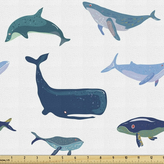Ambesonne Whale Fabric by the Yard Upholstery, Swimming Marine Animals, 5 Yards, Teal Dark Blue White