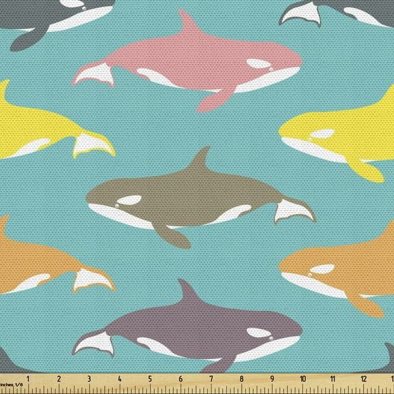 Ambesonne Whale Fabric by the Yard Upholstery, Colorful Orca Silhouettes, 10 Yards, Multicolor