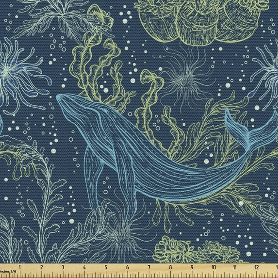 Ambesonne Whale Fabric by the Yard Upholstery, Marine Fauna and Flora, 10 Yards, Indigo Sea Green Blue