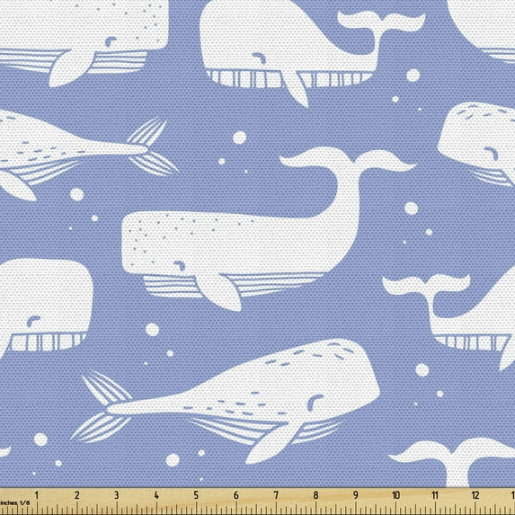 Ambesonne Whale Fabric by the Yard Upholstery, Monochrome Sea Mammal, 3 Yards, Ceil Blue and White