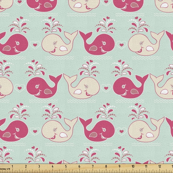 Ambesonne Fun Fabric by the Yard Upholstery, Happy Whales Pattern, 10 Yards, Mint Peach Pink