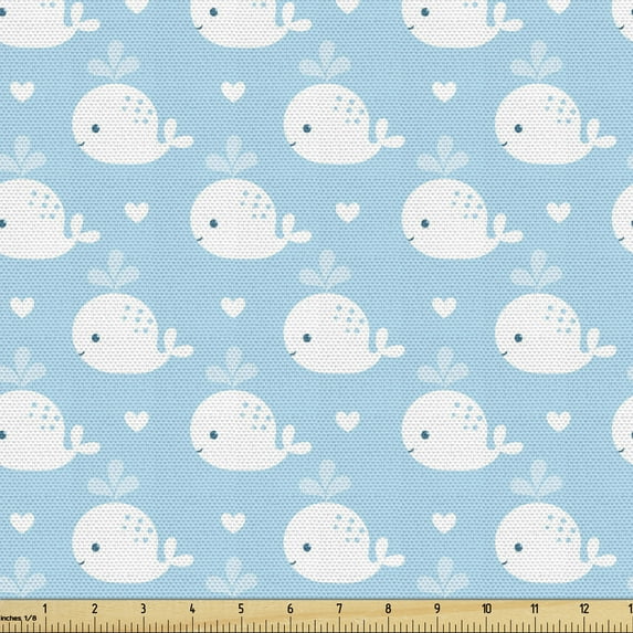 Ambesonne Whale Fabric by the Yard Upholstery, Blue Shower Design, 5 Yards, Pale Blue White