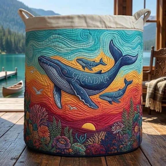 Whale Family Quilted Laundry Basket: Custom Name Hamper, Unique Gift For Mother