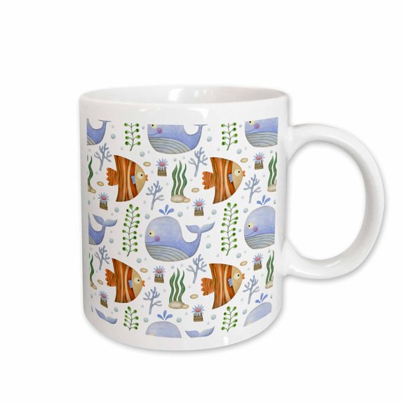 3drose, Whale, Fish, Blue, Orange, Sea Life, Sea Plants, Cute, Pattern, 11oz Mug