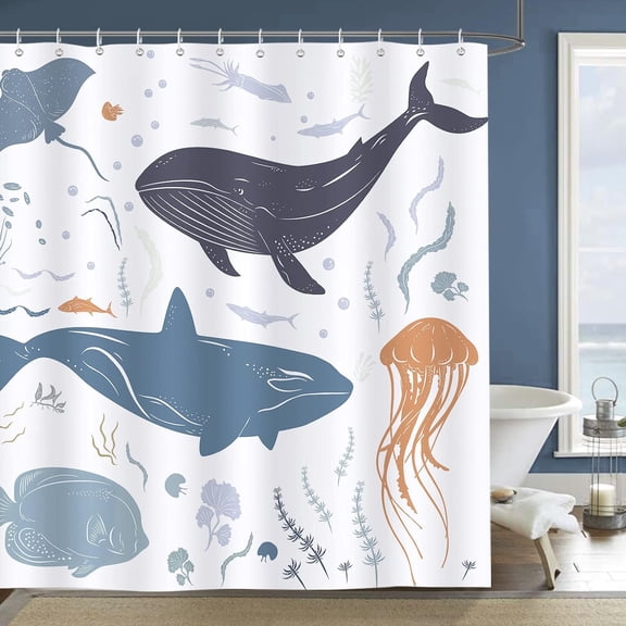 Whale Fish Shower Curtain for Kids Sea Animal Decorative Bath Curtain 72 x 72 Inch Polyester Fabric Waterproof Bathroom Curtain with 12 Hooks