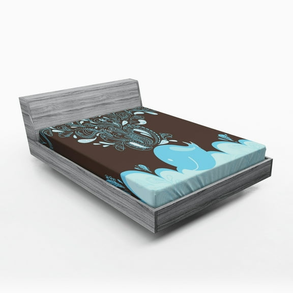 Ambesonne Cartoon Fitted Sheet, Batik Sea Whale Tribal, Queen Size, Blue and Brown