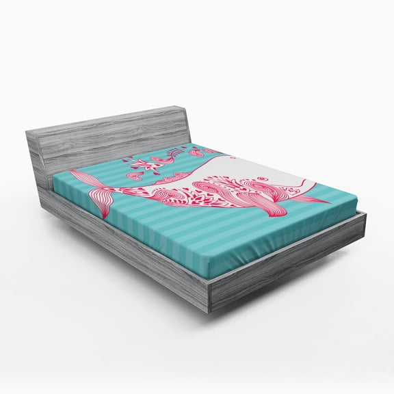 Ambesonne Saying Fitted Sheet, Be Happy Big Fish, Queen Size, Teal Pink White