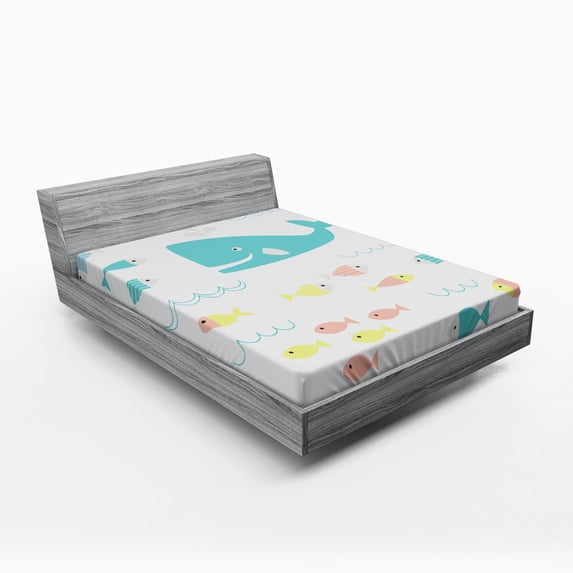 Ambesonne Cartoon Fitted Sheet, Geometric Whale Fish, Queen Size, Yellow White