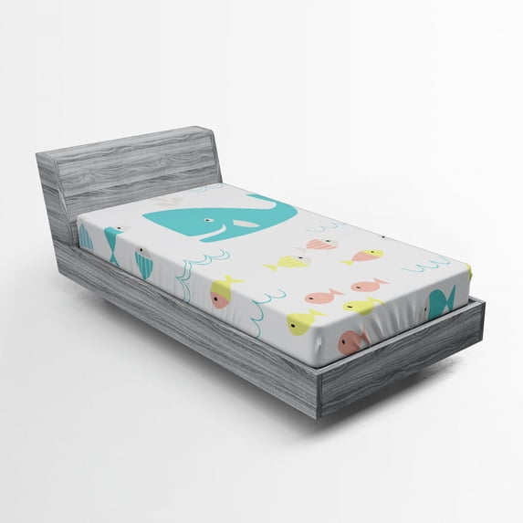 Ambesonne Cartoon Fitted Sheet, Geometric Whale Fish, Twin Size, Yellow White
