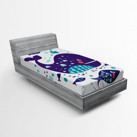 Ambesonne Whale Fitted Sheet, Ocean Cartoon Big Fish, Twin XL Size, Purple Turquoise White