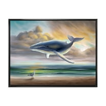 Whale Floating In The Sky Over Beach 20 in x 12 in Framed Painting Canvas Art Print, by Designart