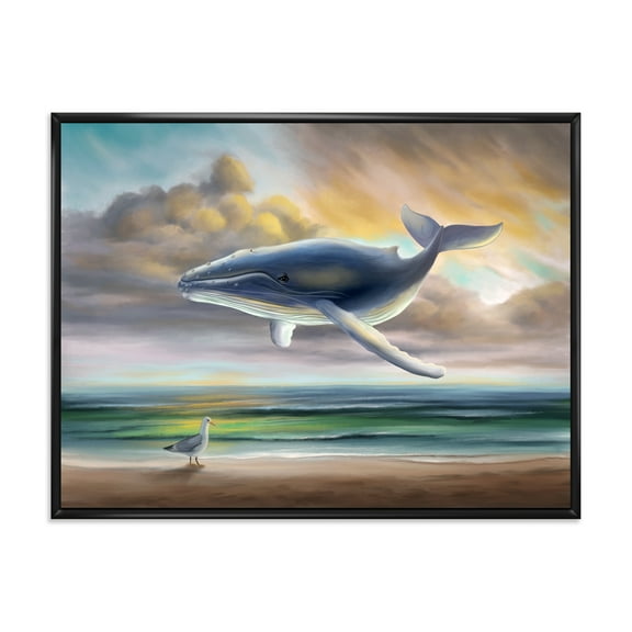 Whale Floating In The Sky Over Beach 20 in x 12 in Framed Painting Canvas Art Print, by Designart