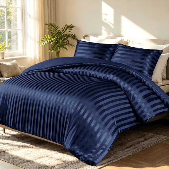 Whale Flotilla 2-Piece Luxury Stripe Satin Twin Size Comforter Set, Reversible Silky Soft Bedding Set with Pillowcase, Lightweight All-Season Comforter, Navy