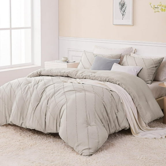 Whale Flotilla 2-Piece Tufted Twin Size Comforter Set, Soft Fluffy Shabby Chic Comforter for All Seasons, Farmhouse Striped Boho Duvet Bedding Sets with 1 Pillow Sham, 68"x90", Light Grey