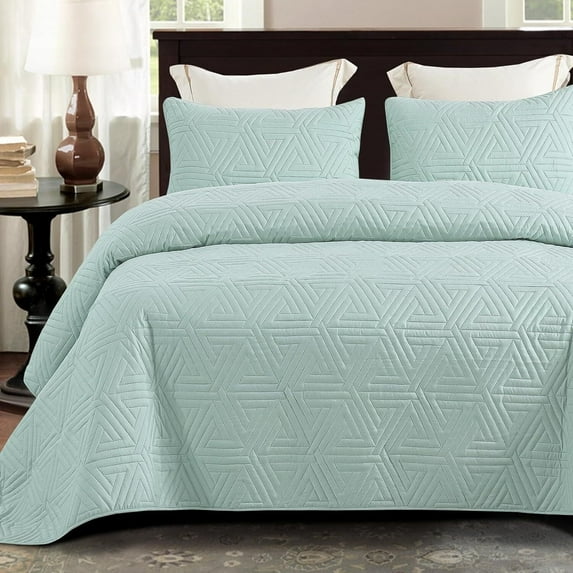 Whale Flotilla 2-Piece Twin Size Quilt Set for All Season, Classic Geometric Pattern Bedding Set with 1 Pillow Sham, Soft and Lightweight, Aqua Blue