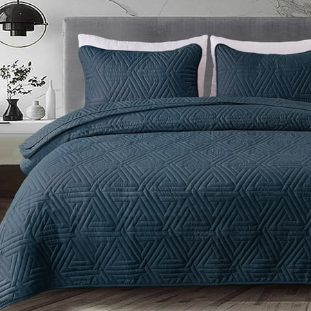 Whale Flotilla 2-Piece Twin Size Quilt Set for All Season, Classic Geometric Pattern Bedding Set with 1 Pillow Sham, Soft and Lightweight, Navy