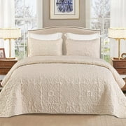 Whale Flotilla 3-Piece California King Size Quilt Set, Soft Ultrasonic Embossed Bedding Set, Lightweight Bedspread Coverlet with Boho Vintage Pattern, Reversible Bed Cover for All Seasons, Brich Beige