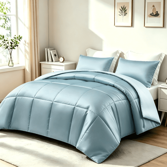 Whale Flotilla 3-Piece Reversible Silky Satin King Size Comforter Bedding Set, Lightweight Luxury Comforters with 2 Pillowcases All-Season, Haze Blue