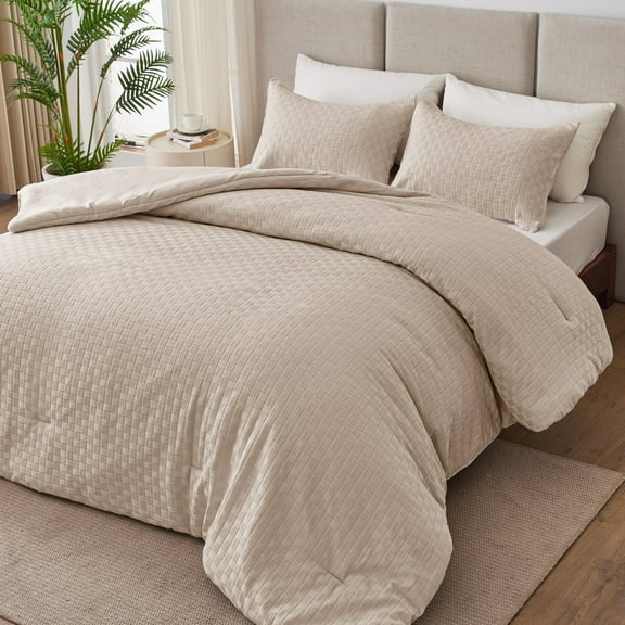 Whale Flotilla 3-Piece Jacquard Braid Ultra Soft Queen Comforter Set, Luxury Reversible Microfiber Comforters Full Size Bedding Set with 2 Pillowcases, Lightweight Duvet for All Seasons, Beige