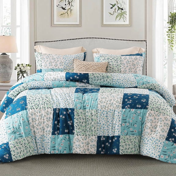 Whale Flotilla 3-Piece King Comforter Set, Soft Reversible Bedding Comforter Sets, Patchwork Printed Down Alternative Comforter Duvet for All Seasons, Blue