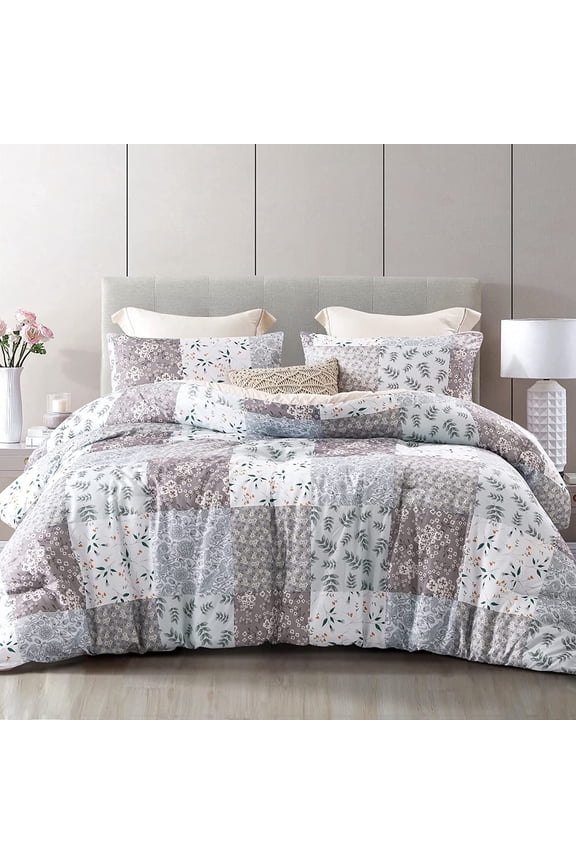 3-Piece King Comforter Set, Soft Reversible Bedding Comforter Sets, Patchwork Printed Down Alternative Comforter Duvet for All Seasons, Grey