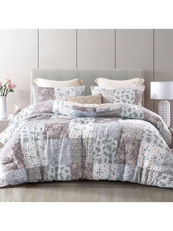 3-Piece King Comforter Set, Soft Reversible Bedding Comforter Sets, Patchwork Printed Down Alternative Comforter Duvet for All Seasons, Grey