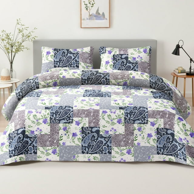 Whale Flotilla 3-Piece King Comforter Set, Soft Reversible Bedding Comforter Sets, Patchwork Printed Down Alternative Comforter Duvet for All Seasons,Paisley Flowers
