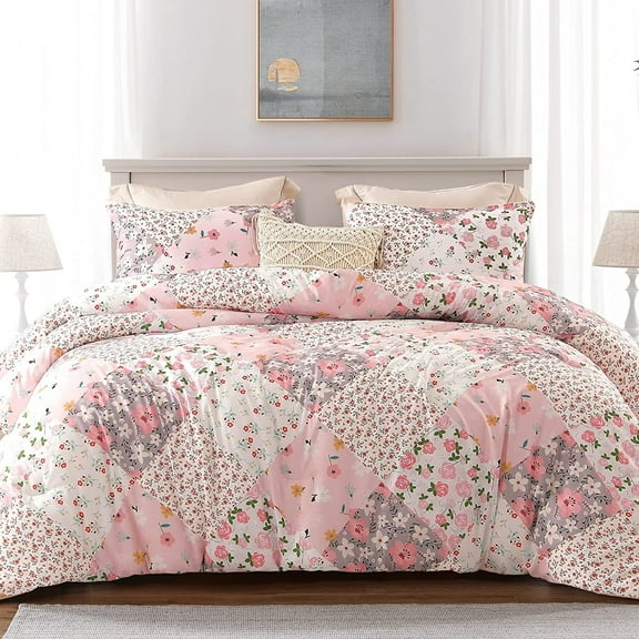 Whale Flotilla 3-Piece King Comforter Set, Soft Reversible Bedding Comforter Sets, Patchwork Printed Down Alternative Comforter Duvet for All Seasons, Pink
