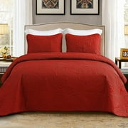 Whale Flotilla 3-Piece King Quilt Set, Soft Embossed Bedding Set, Lightweight Bedspread Coverlet with Damask Vintage Pattern, Reversible Bed Cover for All Seasons, Solid Red