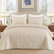 Whale Flotilla 3-Piece King Quilt Set, Soft Embossed Bedding Set, Lightweight Bedspread Coverlet with Damask Vintage Pattern, Reversible Bed Cover for All Seasons, Brich Beige