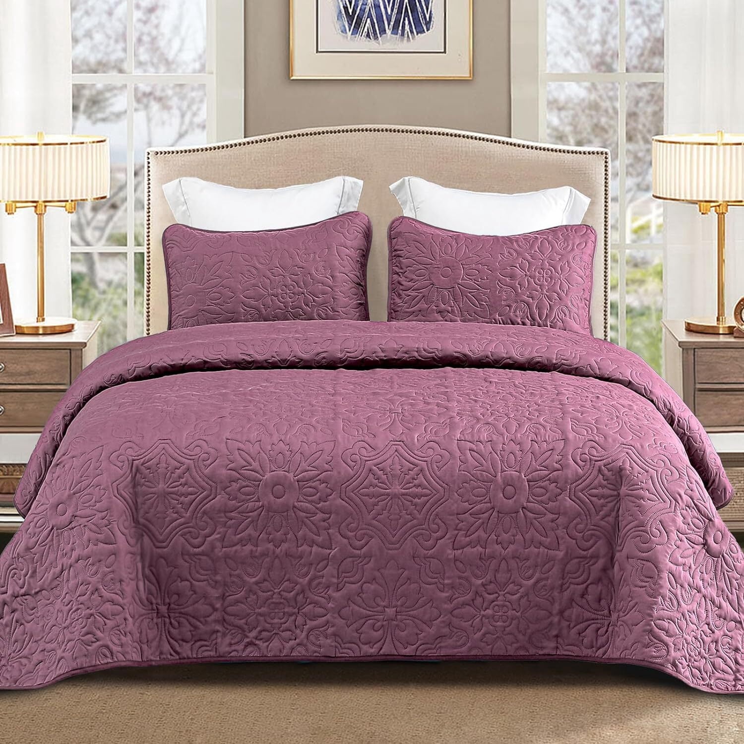 Whale Flotilla 3-Piece King Quilt Set, Soft Ultrasonic Embossed Bedding Set, Lightweight Bedspread Coverlet with Boho Vintage Pattern, Reversible Bed Cover for All Seasons, Dusty Lavender