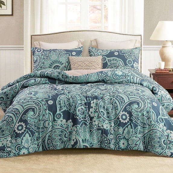 Whale Flotilla 3-Piece Queen Comforter Set, Soft Reversible Bedding Comforter Sets, Paisley Printed Down Alternative Comforter Duvet for All Seasons, Turquoise