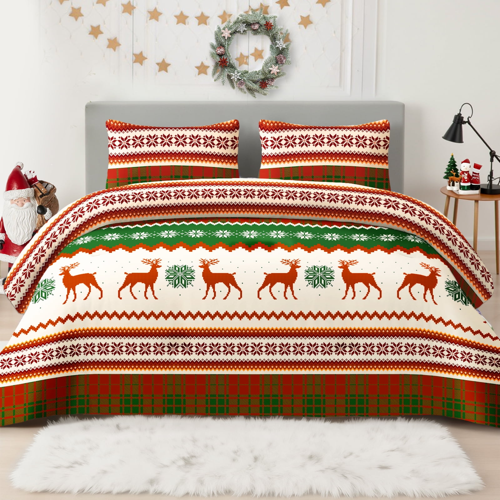 Whale Flotilla 3-Piece Queen Comforter Set, Soft Reversible Bedding Comforter Sets, Patchwork Printed Down Alternative Comforter Duvet for All Seasons,Happy Snowflake