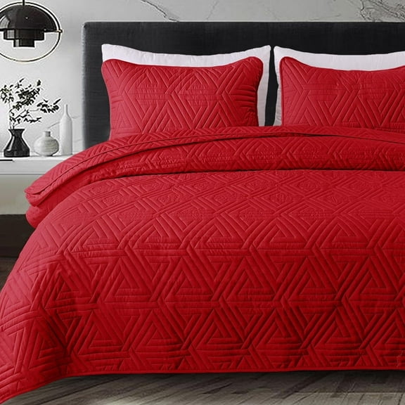 Whale Flotilla 3-Piece Queen Size Quilt Set for All Season, Classic Geometric Pattern Bedding Set with 2 Pillow Shams, Soft and Lightweight, Red
