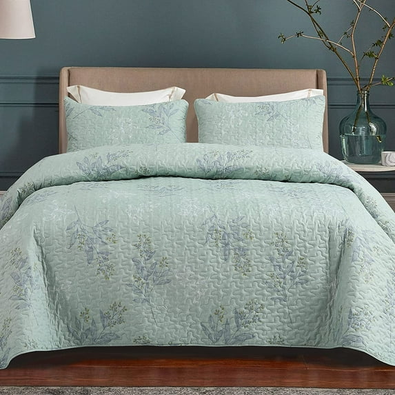 Whale Flotilla 3-Piece Queen Size Quilt Set with Shams, Microfiber Lightweight Bedspread Coverlet for All Season, Floral Pattern Quilts for Queen Bed, Green