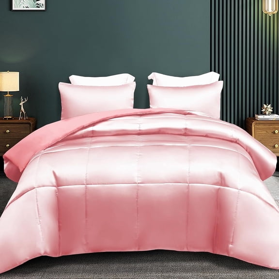 Whale Flotilla 3-Piece Reversible Silky Soft King Size Comforter Bedding Set, Luxurious Satin Comforters with 2 Satin Pillowcases, Lightweight Duvet for All Seasons, Pink